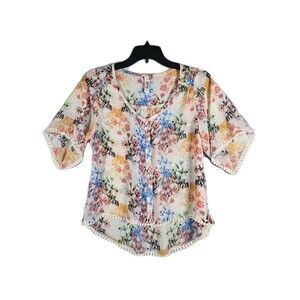 Vintage Mudd Floral Boho Blouse Top XS Hi-Low Pom Pom Trim Sheer Flutter Sleeve